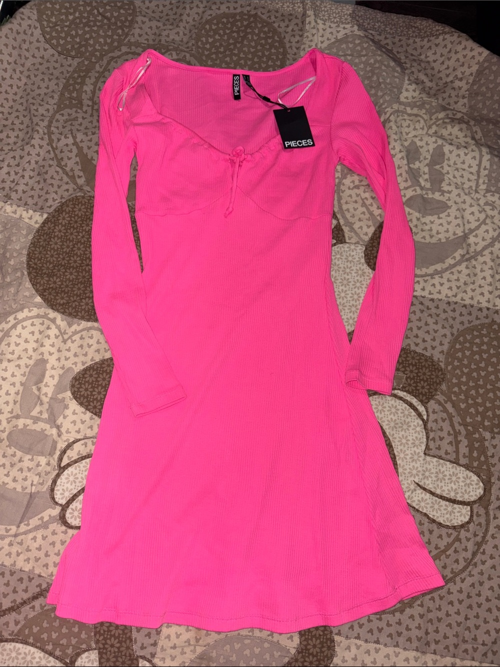 Pieces Hot Pink Long Sleeve Ribbed Dress with Sweetheart Neck